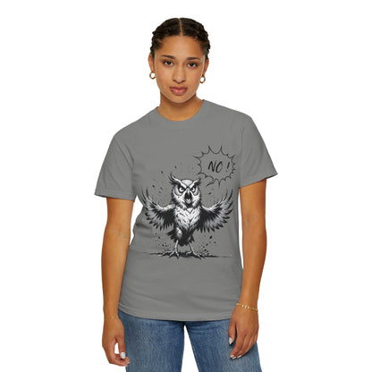 Owl Saying “No” Graphic T-Shirt — Bold Monochrome Illustration