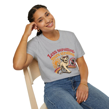 Less Scrolling More Strolling T-Shirt — Retro Dog Walk Graphic Tee