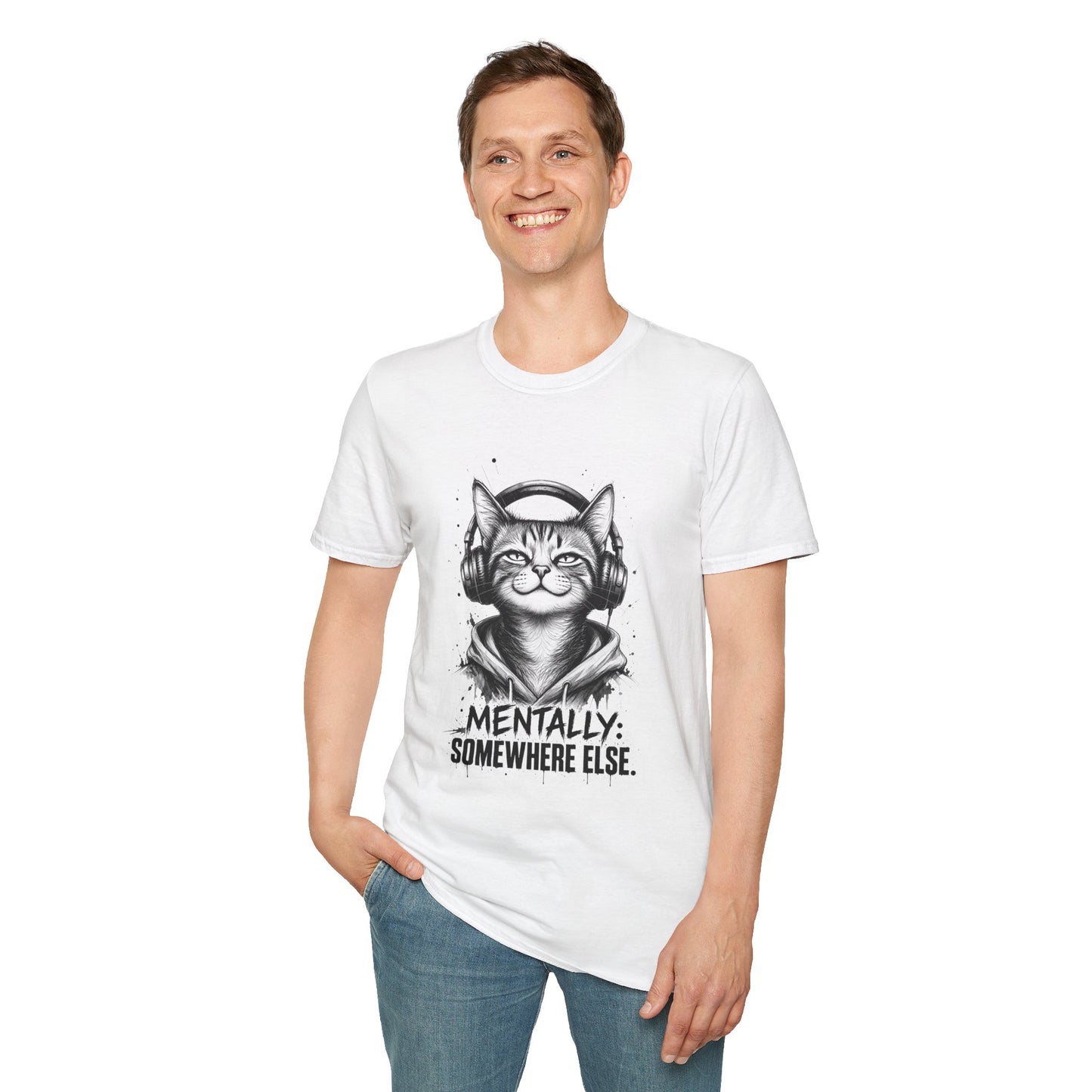 T-Shirt — Cat with Headphones "Mentally: Somewhere Else" – Cute Relaxed Graphic Tee for Cat Lovers