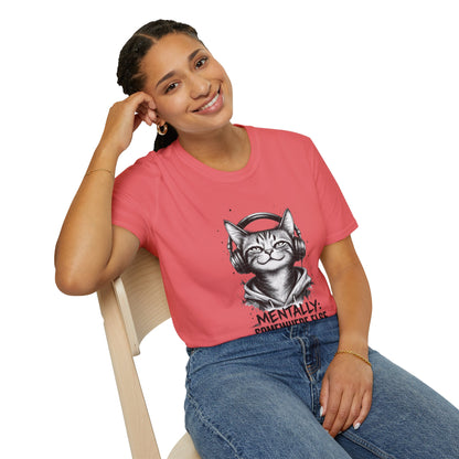 T-Shirt — Cat with Headphones "Mentally: Somewhere Else" – Cute Relaxed Graphic Tee for Cat Lovers