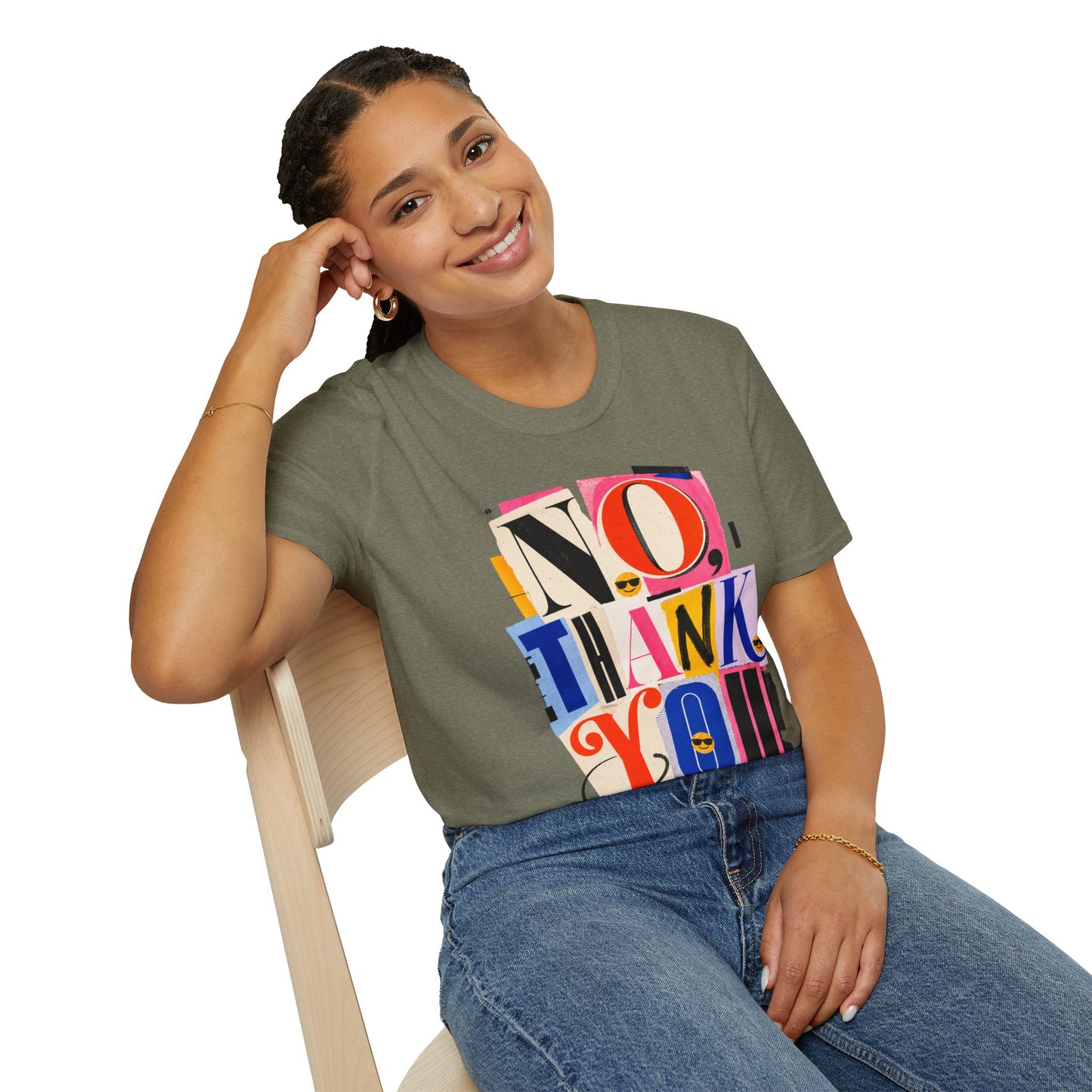 No, Thank You Graphic Tee — Colorful Bold Lettering T‑Shirt