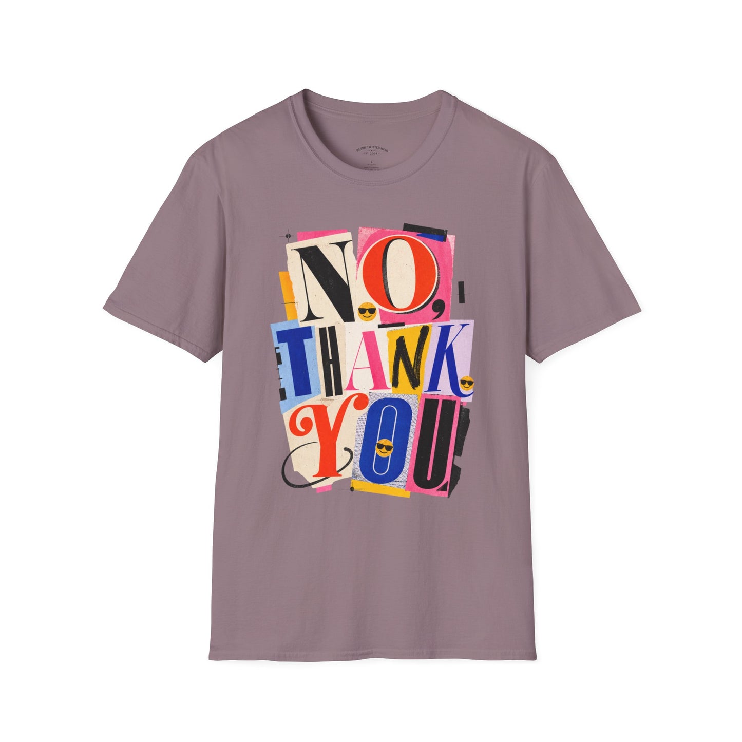 No, Thank You Graphic Tee — Colorful Bold Lettering T‑Shirt
