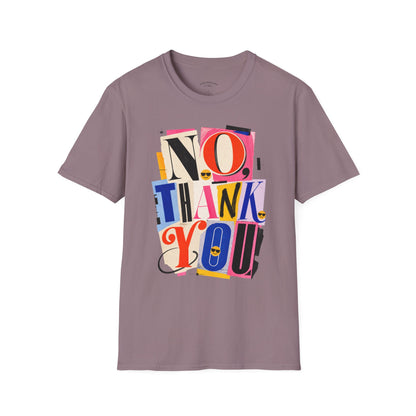 No, Thank You Graphic Tee — Colorful Bold Lettering T‑Shirt
