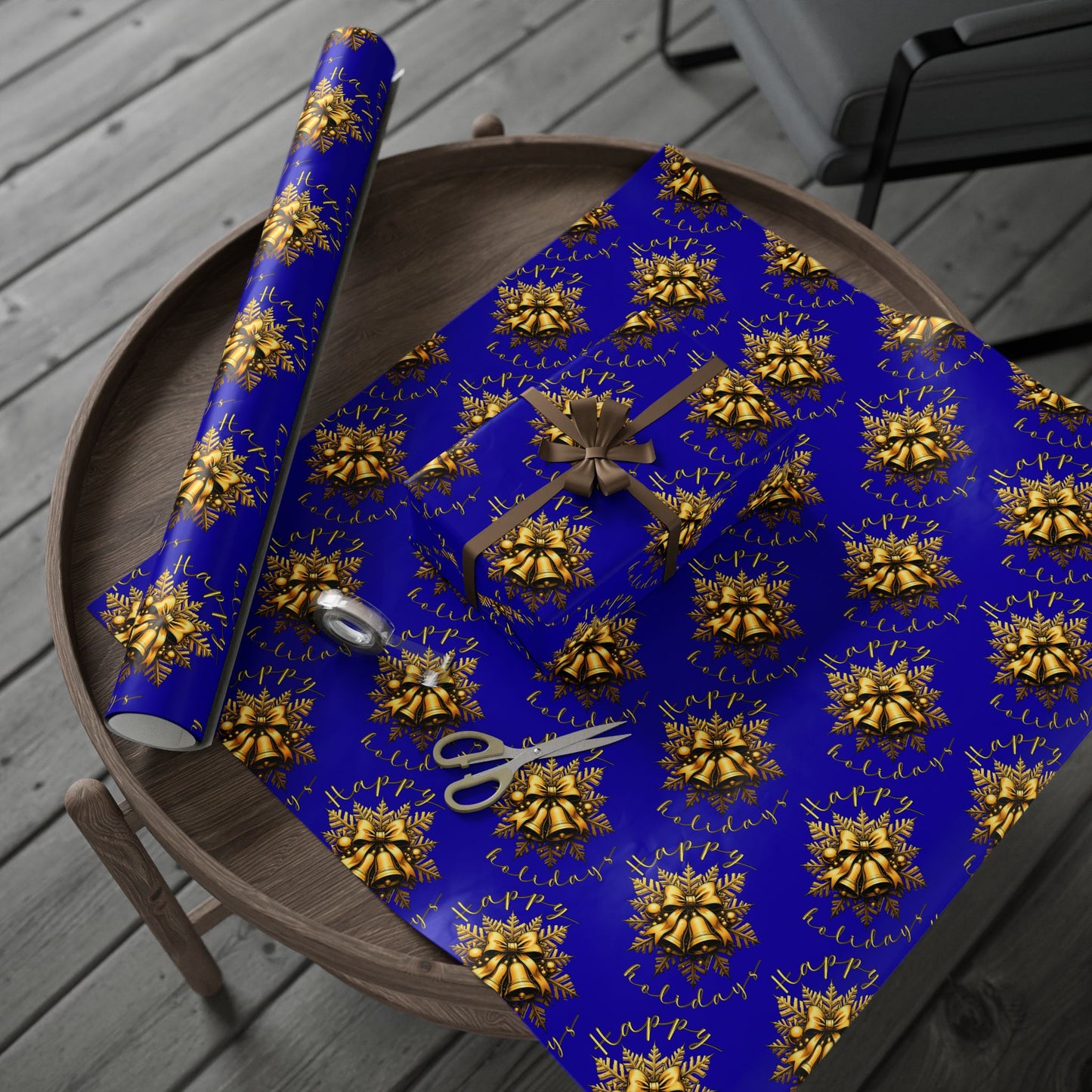 Royal Blue & Gold Holiday Wrapping Paper Roll — Elegant Floral Wreath Pattern