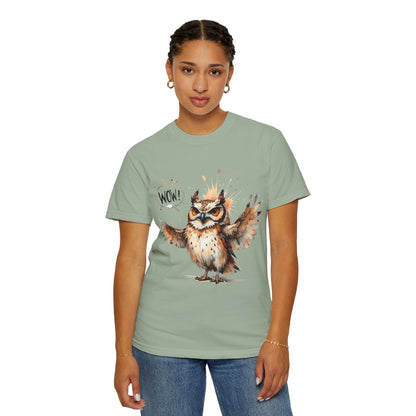 Owl Watercolor T-Shirt — Cute 'Wow!' Cartoon Owl Graphic Tee