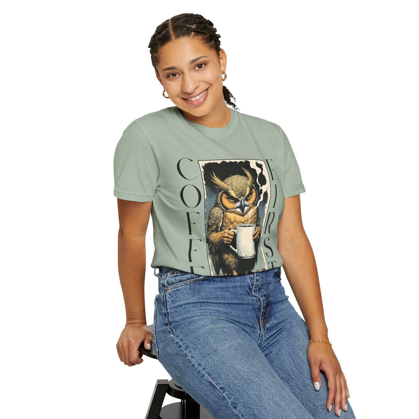 Coffee First Owl T-Shirt — Vintage Owl Holding  Graphic Tee