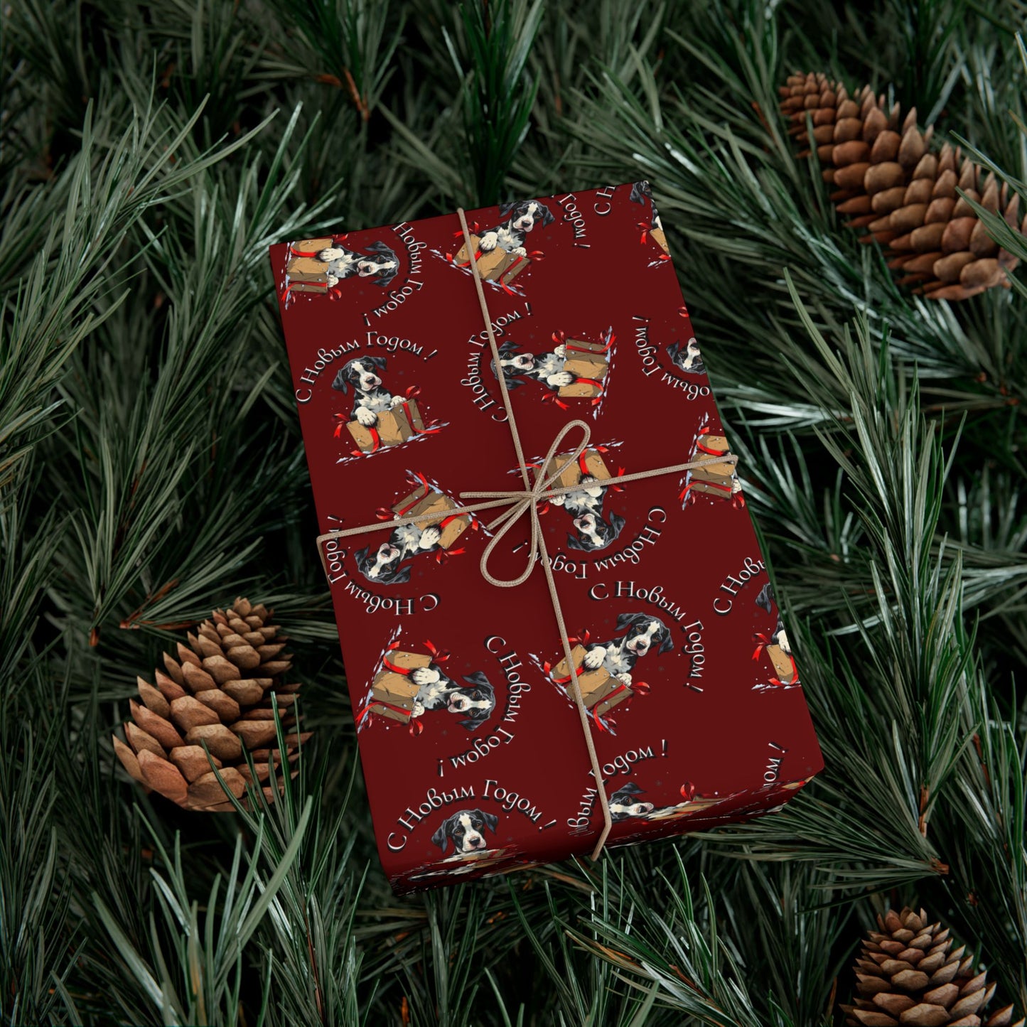Christmas Gift Wrap Paper - Festive Santa & Gifts Pattern on Burgundy