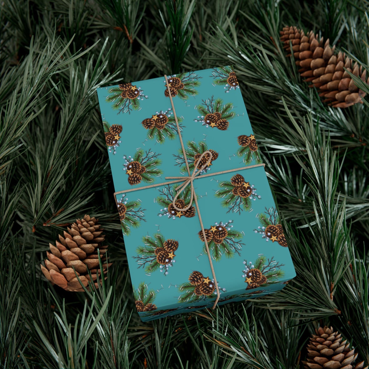 Pinecone Bouquet Gift Wrap - Rustic Teal Holiday Wrapping Paper