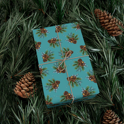 Pinecone Bouquet Gift Wrap - Rustic Teal Holiday Wrapping Paper