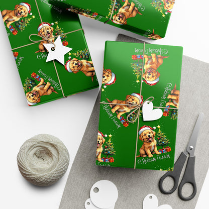 Christmas Puppy Gift Wrap Paper - Green Holiday Dog Wrapping Paper