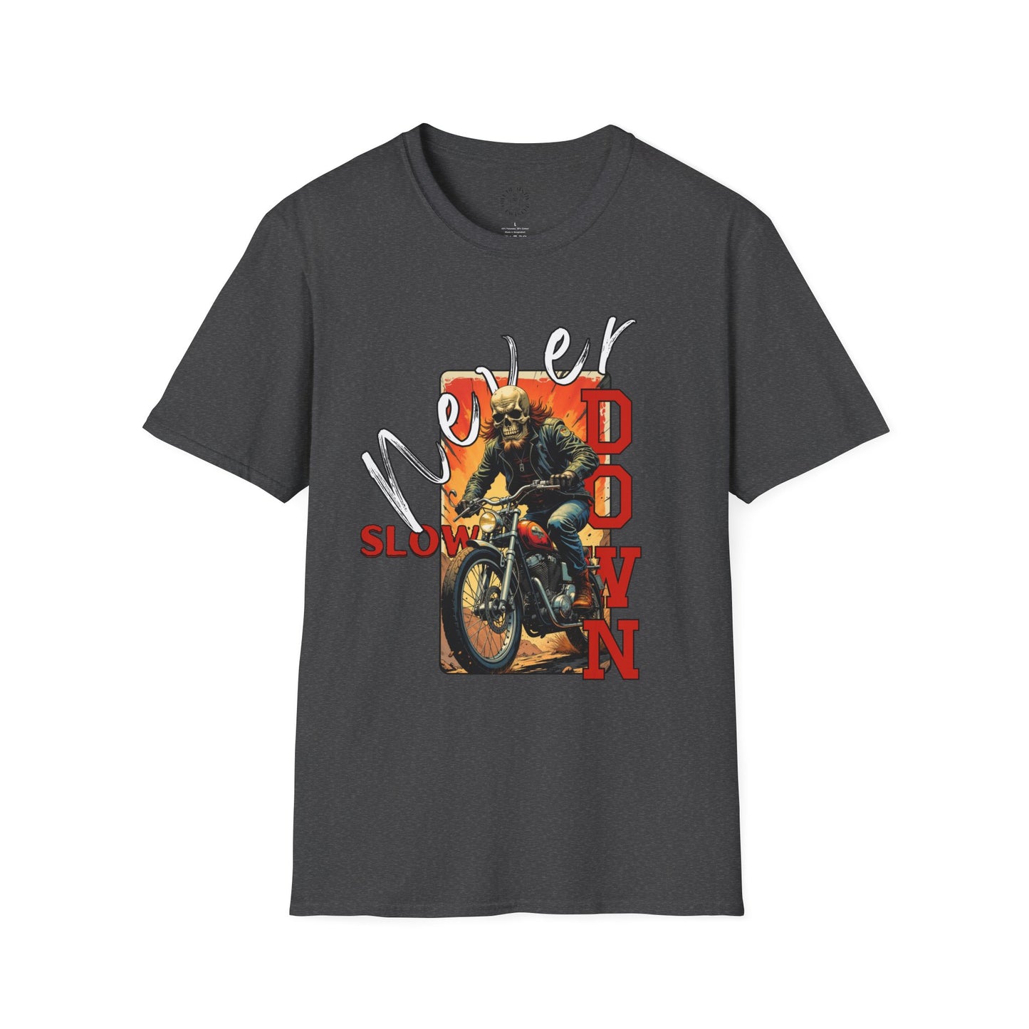 Never Slow Down Motorcycle T-Shirt - Unisex Softstyle Graphic Tee,biker, scull ,twisted