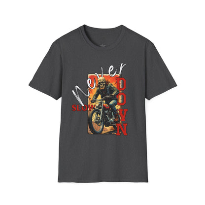 Never Slow Down Motorcycle T-Shirt - Unisex Softstyle Graphic Tee,biker, scull ,twisted