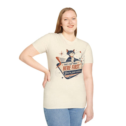 Cat Was Here First T-Shirt — Retro Mid-Century Kitty "You’re Just Visiting" Tee