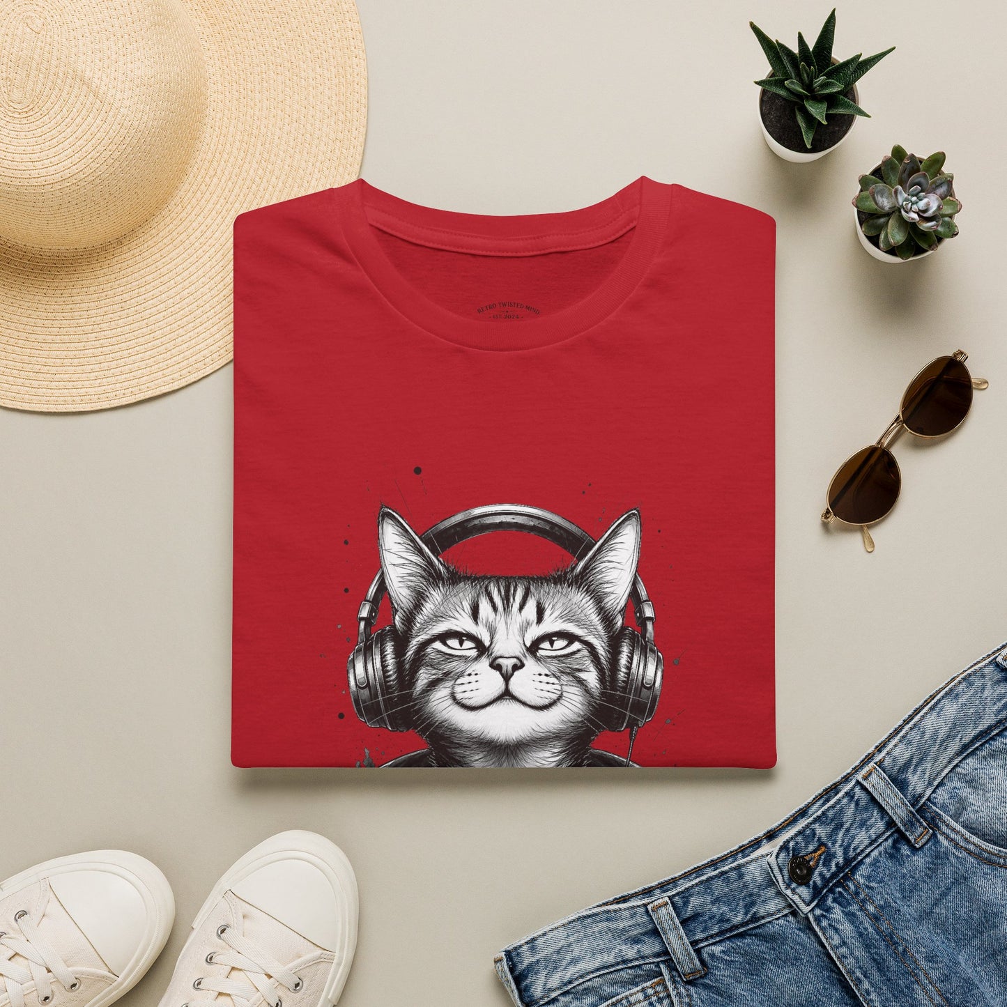 T-Shirt — Cat with Headphones "Mentally: Somewhere Else" – Cute Relaxed Graphic Tee for Cat Lovers