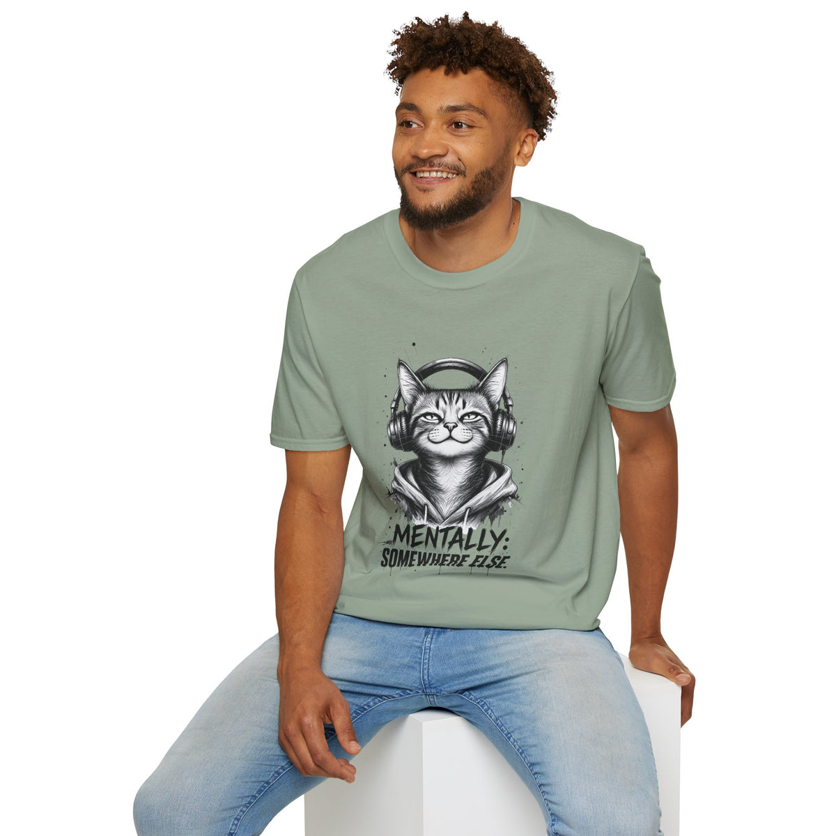 T-Shirt — Cat with Headphones "Mentally: Somewhere Else" – Cute Relaxed Graphic Tee for Cat Lovers