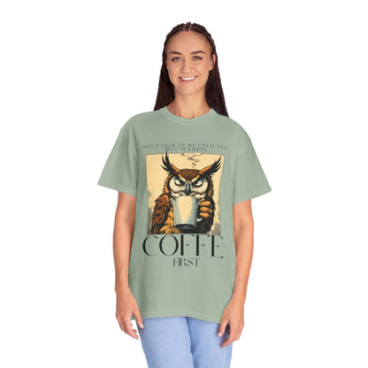 Coffee First Owl T-Shirt — Vintage Coffee Lover Graphic Tee