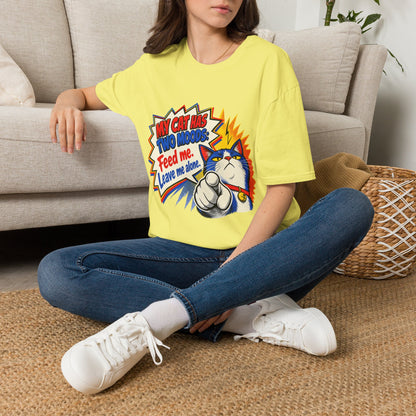 Cat T-Shirt — "My Cat Has Two Moods: Feed Me, Leave Me Alone" Funny Retro Comic Tee