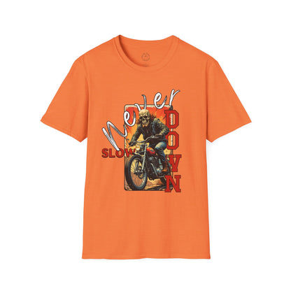 Never Slow Down Motorcycle T-Shirt - Unisex Softstyle Graphic Tee,biker, scull ,twisted