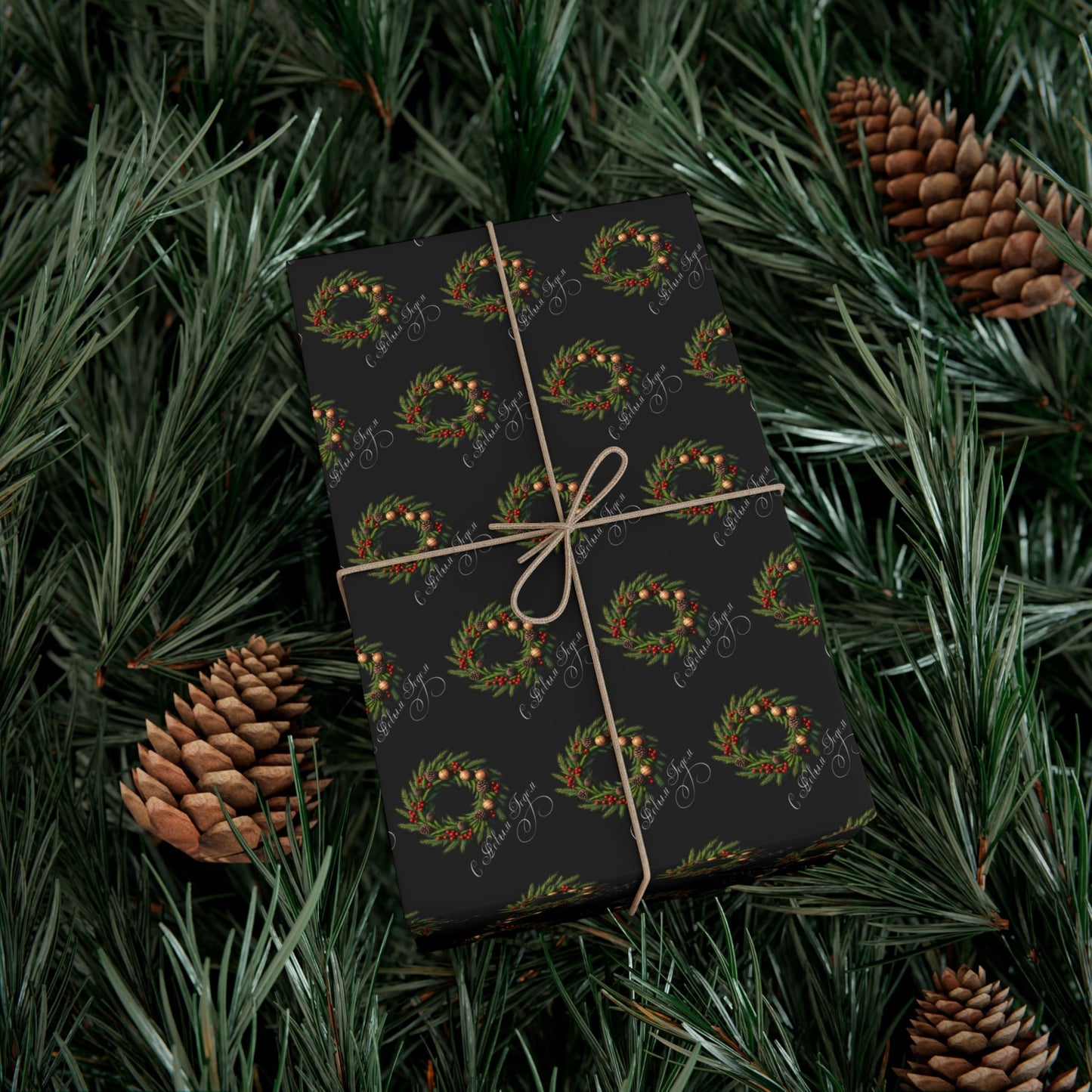Wreath Pattern Gift Wrap Paper – Black & Gold Holiday Wrapping Sheets