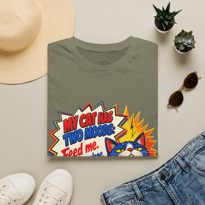 Cat T-Shirt — "My Cat Has Two Moods: Feed Me, Leave Me Alone" Funny Retro Comic Tee