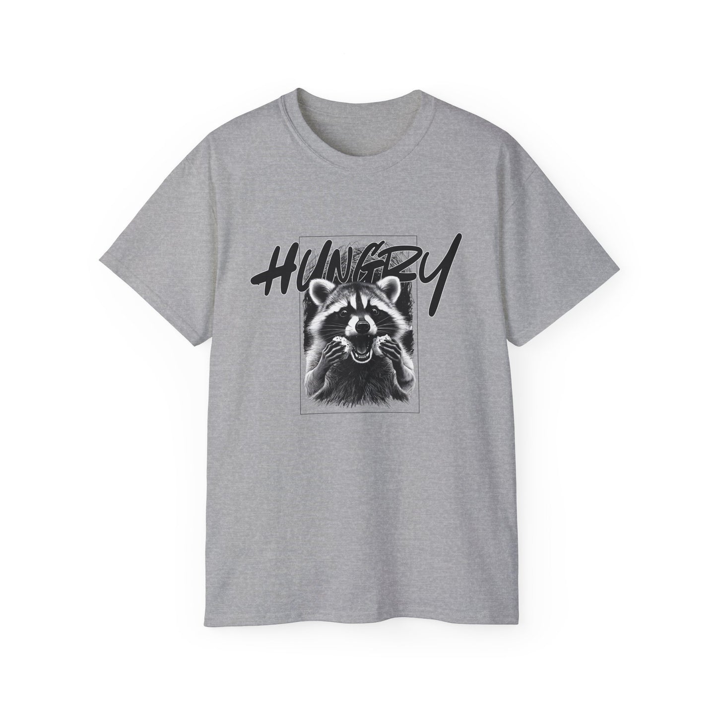 Hungry Raccoon Graphic Tee – Vintage Black & White Animal T-Shirt