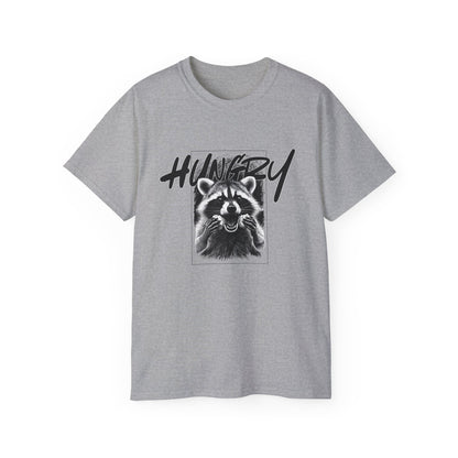 Hungry Raccoon Graphic Tee – Vintage Black & White Animal T-Shirt