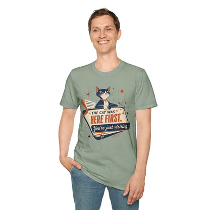 Cat Was Here First T-Shirt — Retro Mid-Century Kitty "You’re Just Visiting" Tee