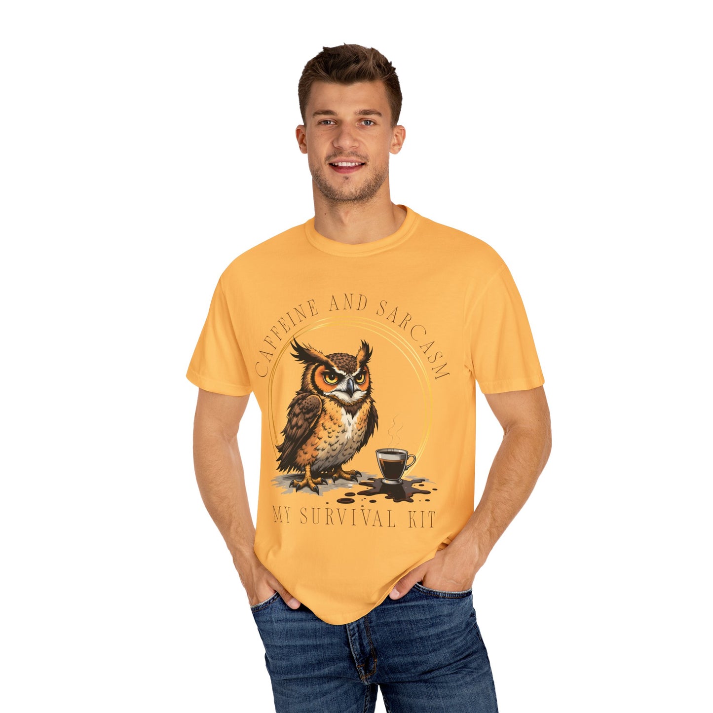 Coffee & Sarcasm Owl T-Shirt — "My Survival Kit" Graphic Tee