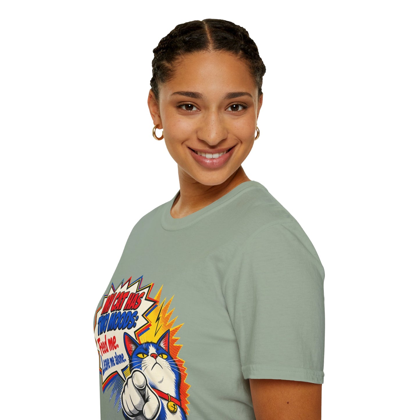 Cat T-Shirt — "My Cat Has Two Moods: Feed Me, Leave Me Alone" Funny Retro Comic Tee