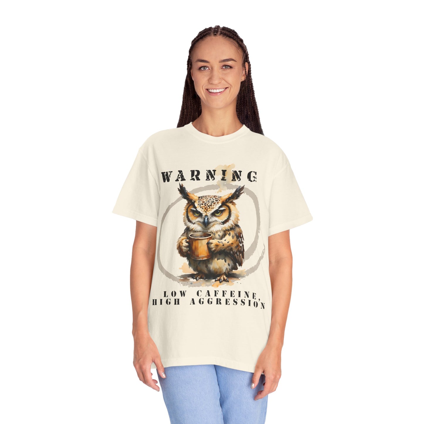 Warning Owl T-Shirt — "Low Caffeine, High Aggression" Graphic Tee
