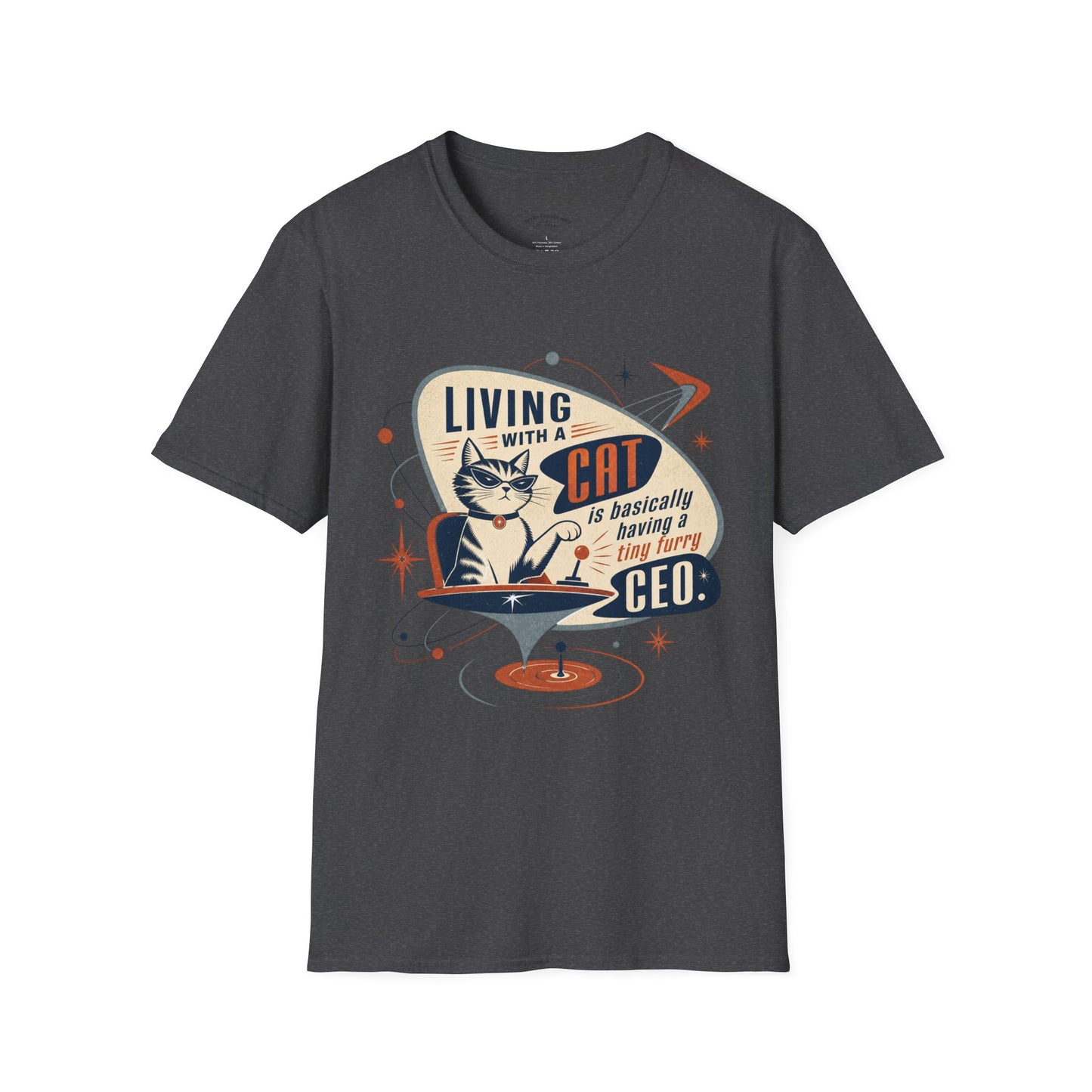 Cat T-Shirt — "Living with a Cat is Basically Having a Furry CEO" Retro Graphic