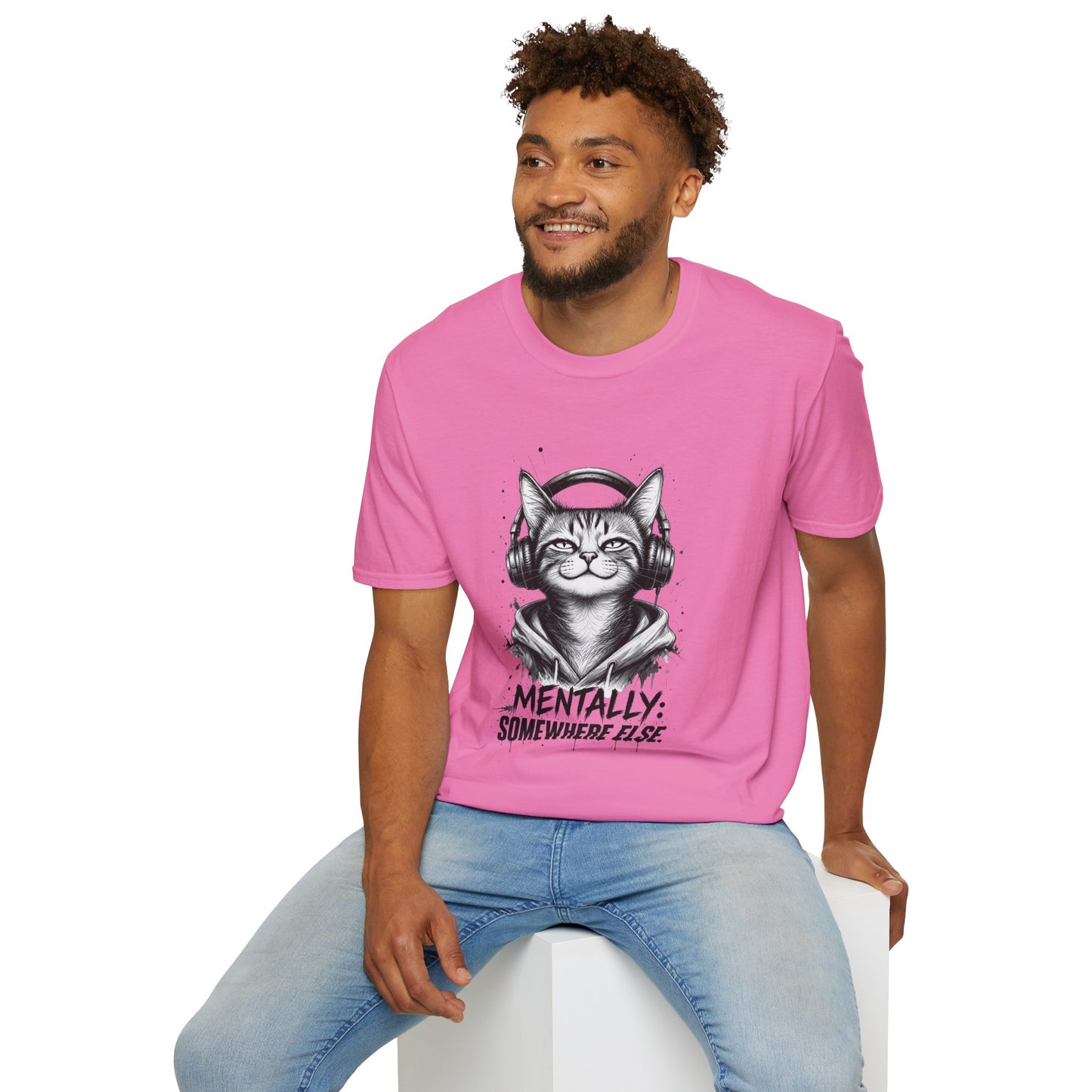 T-Shirt — Cat with Headphones "Mentally: Somewhere Else" – Cute Relaxed Graphic Tee for Cat Lovers