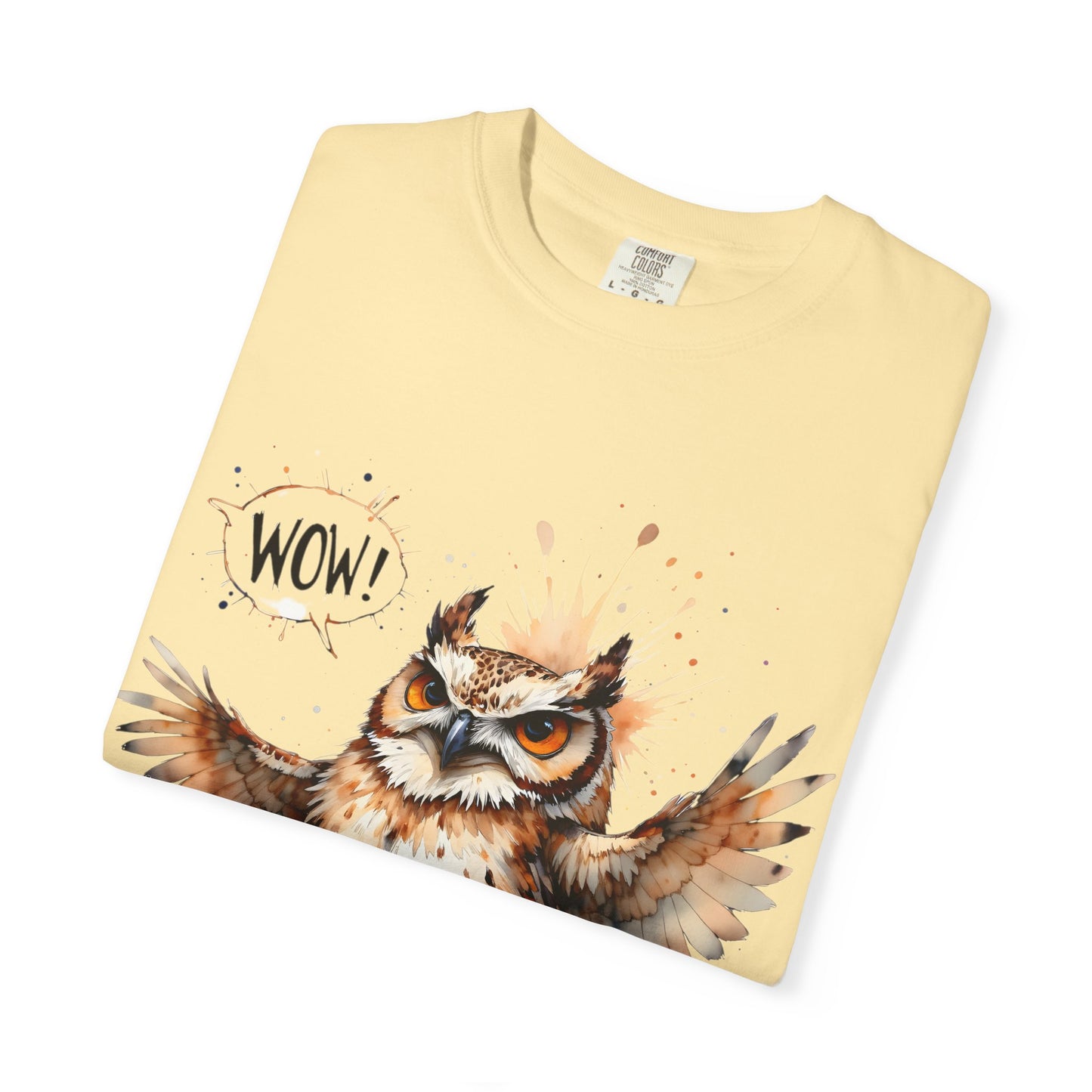 Owl Watercolor T-Shirt — Cute 'Wow!' Cartoon Owl Graphic Tee