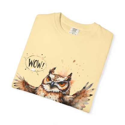 Owl Watercolor T-Shirt — Cute 'Wow!' Cartoon Owl Graphic Tee