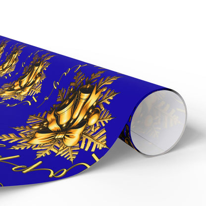 Royal Blue & Gold Holiday Wrapping Paper Roll — Elegant Floral Wreath Pattern