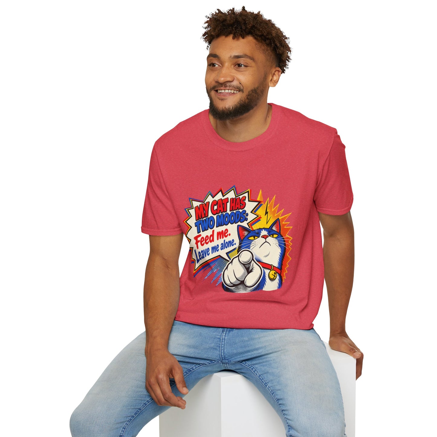 Cat T-Shirt — "My Cat Has Two Moods: Feed Me, Leave Me Alone" Funny Retro Comic Tee