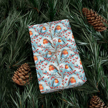 Robin & Berries Gift Wrap Paper — Winter Holiday Wrapping Sheets