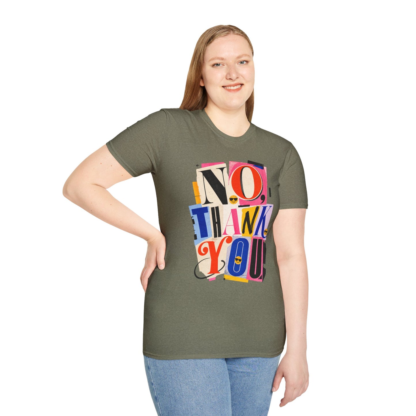 No, Thank You Graphic Tee — Colorful Bold Lettering T‑Shirt