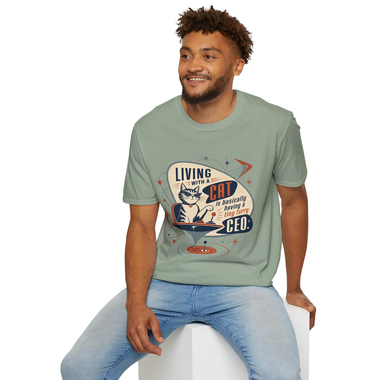 Cat T-Shirt — "Living with a Cat is Basically Having a Furry CEO" Retro Graphic