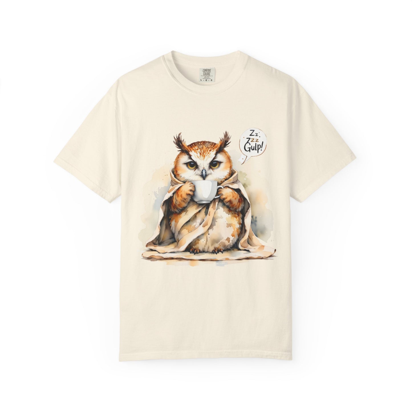 Cozy Owl Drinking Coffee T-Shirt – 'Zzz... Gulp!' Cute Morning Graphic Tee