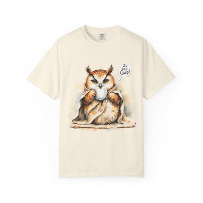 Cozy Owl Drinking Coffee T-Shirt – 'Zzz... Gulp!' Cute Morning Graphic Tee