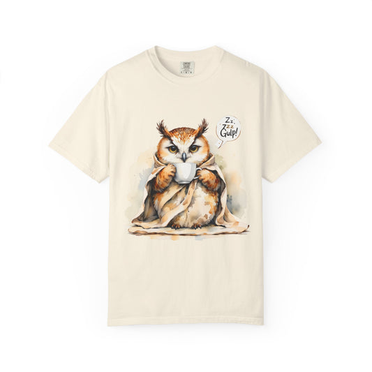Cozy Owl Drinking Coffee T-Shirt – 'Zzz... Gulp!' Cute Morning Graphic Tee