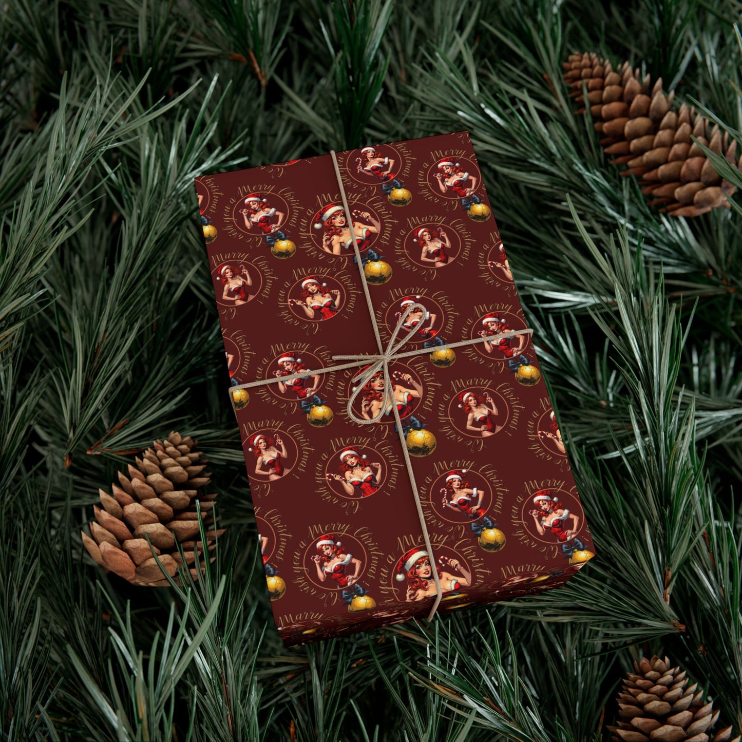 Wrapping Paper — Vintage Pinup red hair girl & Ornaments Christmas Gift Wrap