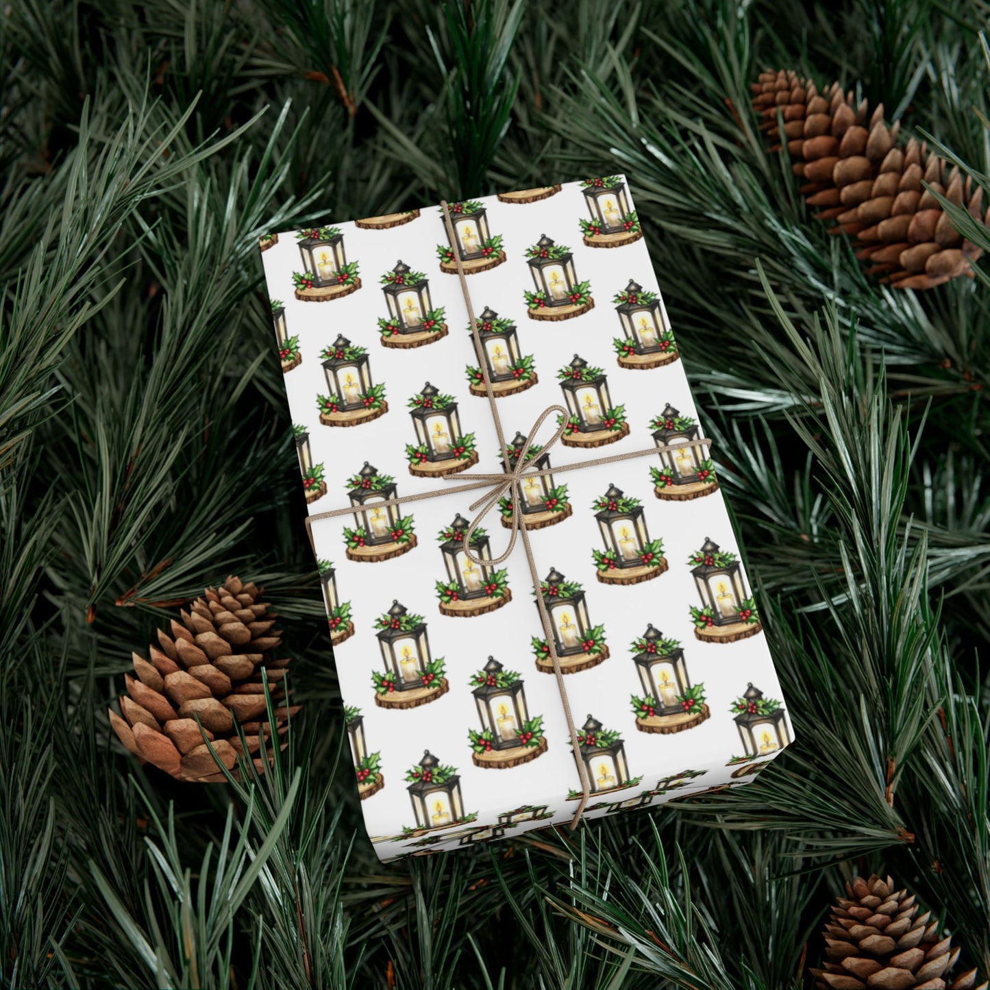 Candle Lantern Pattern Gift Wrap Paper – Holiday Botanical Wrapping Sheets