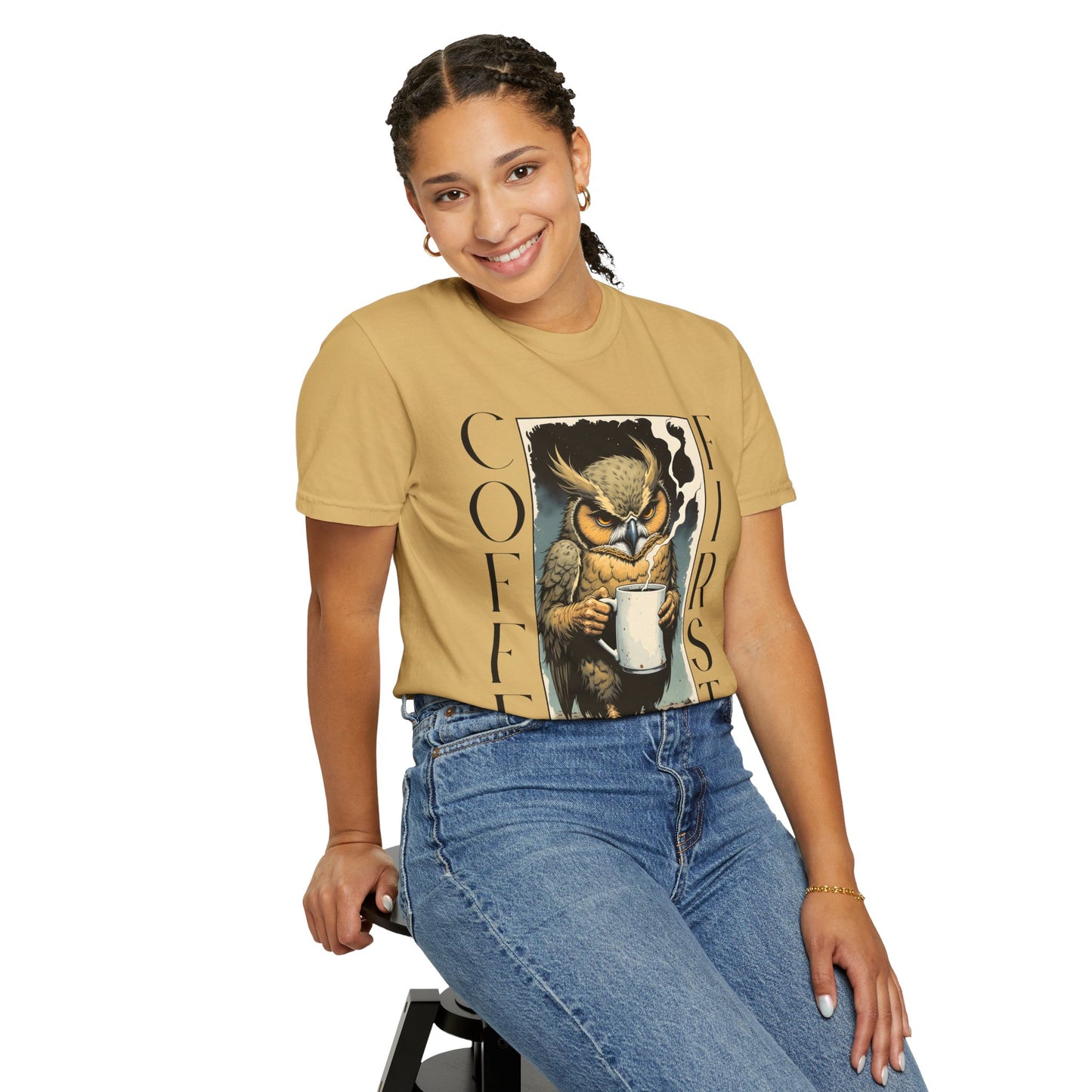 Coffee First Owl T-Shirt — Vintage Owl Holding  Graphic Tee