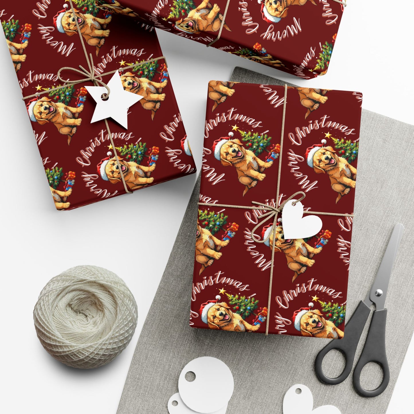 Gift Wrap Paper - Cute Golden Retriever Christmas Pattern (Maroon, "Merry Christmas")