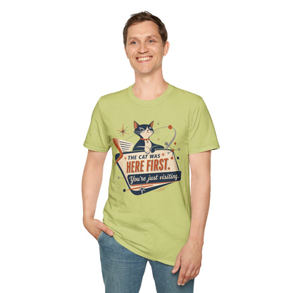 Cat Was Here First T-Shirt — Retro Mid-Century Kitty "You’re Just Visiting" Tee