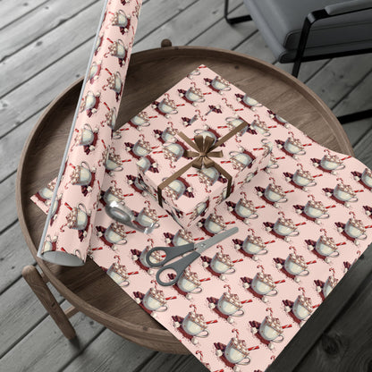 Tea Cup Pattern Gift Wrap Paper — Pink Hot Cocoa & Candy Cane Holiday Wrapping Paper