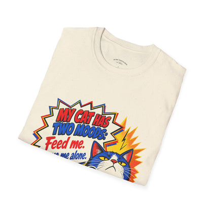 Cat T-Shirt — "My Cat Has Two Moods: Feed Me, Leave Me Alone" Funny Retro Comic Tee