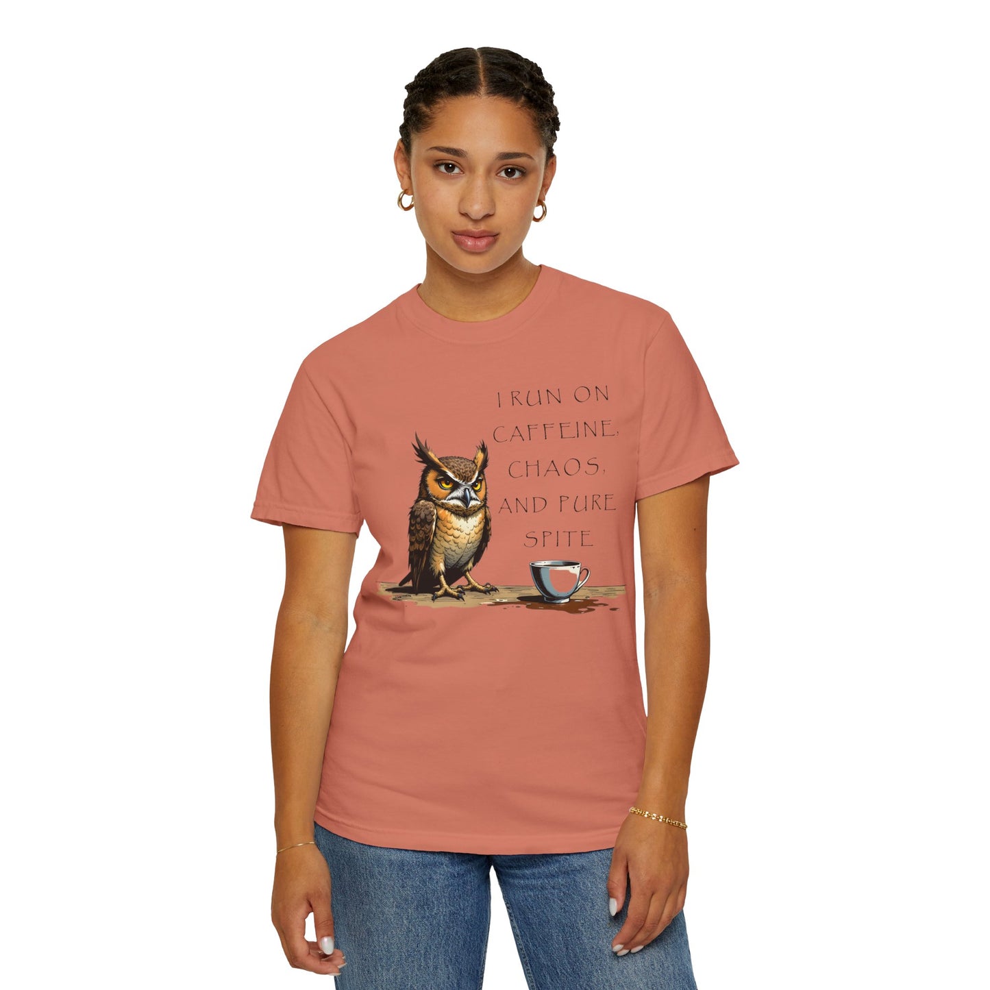 Owl & Coffee T‑Shirt — "I Run On Caffeine, Chaos, And Pure Spite" Graphic Tee